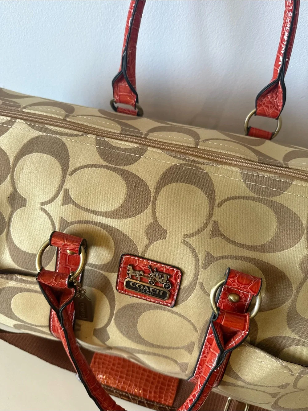 Vintage Y2K Coach Heritage Stripe Boston Duffel Satchel Bag #1388 Purple Lining